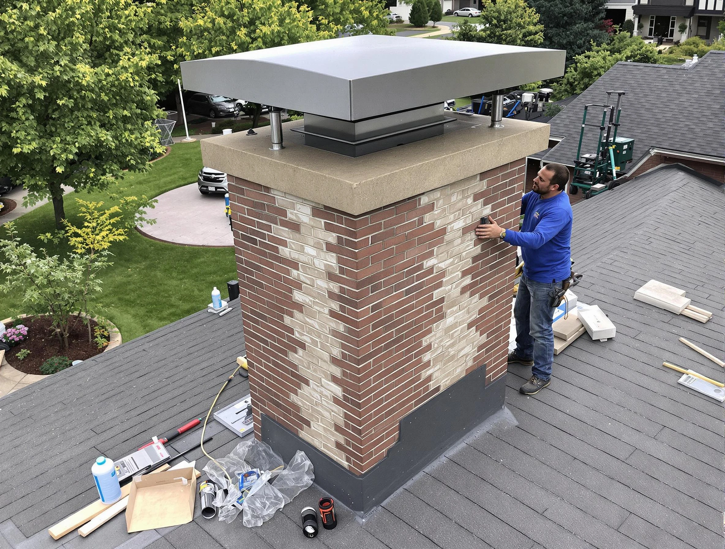 North Druid Hills Chimney Sweep team working on a custom chimney remodel in North Druid Hills, GA